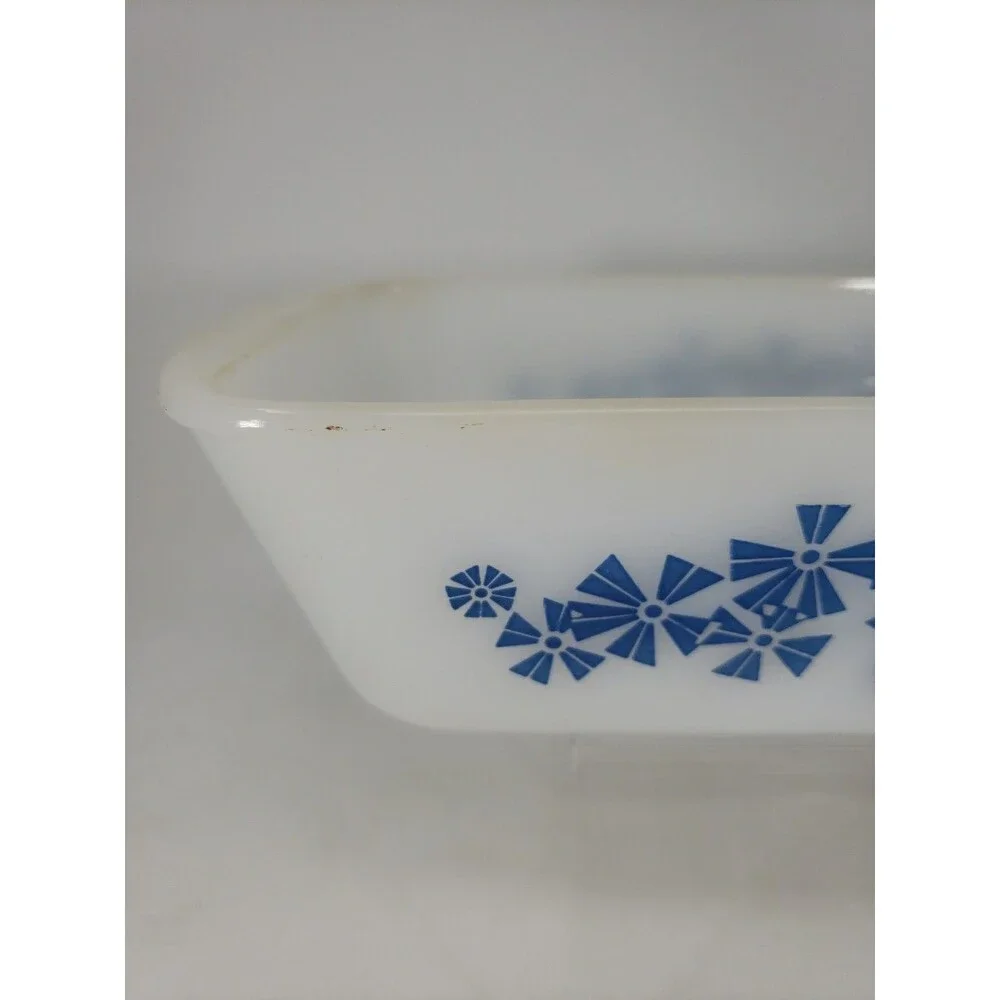Vintage 1950s Glasbake J522 Loaf Pan Milk Glass Star Snowflake Blue Design MCM